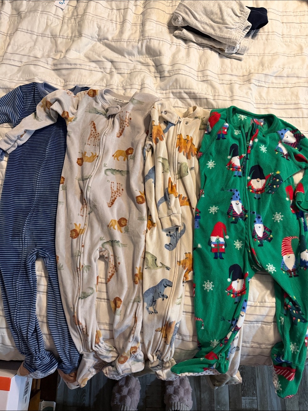 Carter's Navy Stripe, Cream Animal and Green Holiday Footed Pajama Bundle
